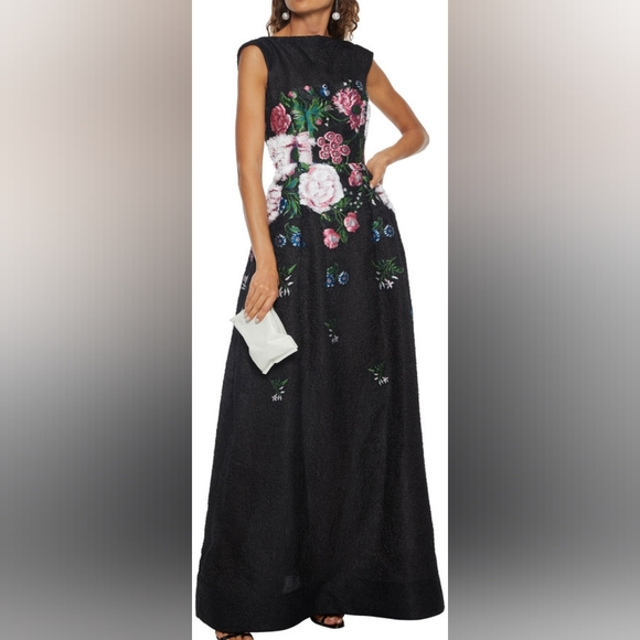 °$7990 OSCAR DE LA RENTA FIL COUP'E FLORAL EMBROID BLACK RUNWAY GOWN US 6 M